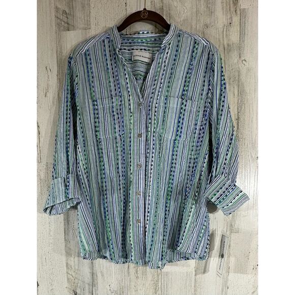 Alfred Dunner Greenwich Circle Shirt Size 12 Eyelash Threads Striped Blue‎ Green - Picture 2 of 11